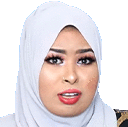 a woman wearing a white hijab and red lipstick is making a funny face .