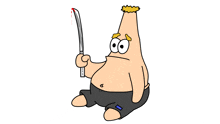 a cartoon drawing of patrick star holding a bloody sword