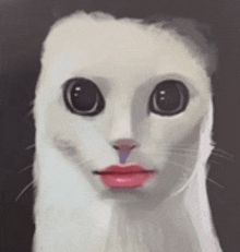 a painting of a white cat with pink lips and big eyes .