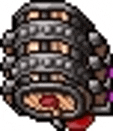 a pixel art illustration of a knight 's helmet with a bloody mouth .