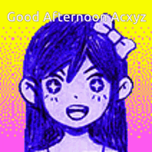 a pixel art drawing of a girl with blue hair and a bow in her hair with the words `` good afternoon acxyz '' .