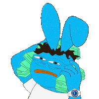 a blue cartoon character holding a pile of money