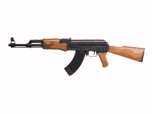 a black and brown assault rifle with a wooden handle