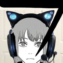 a black and white drawing of a girl wearing cat ears headphones