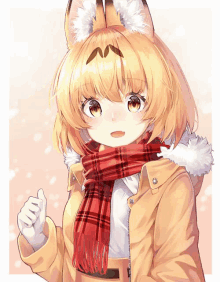 a girl with fox ears wearing a scarf and a coat