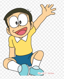 a cartoon of a boy sitting down with his hand outstretched