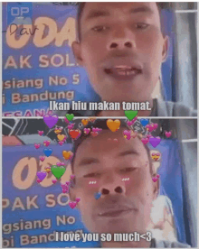 a picture of a man with hearts around his face and the words ikan hiu makan tomat