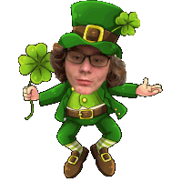 a cartoon of a leprechaun holding a four leaf clover and wearing glasses