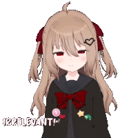 a girl with brown hair and red eyes is wearing a black jacket and red bow