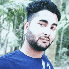 a young man with a beard is wearing a blue shirt and looking at the camera .