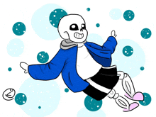 a drawing of a skeleton in a blue jacket and black skirt