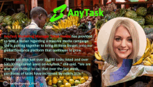 a woman is smiling in front of a bunch of fruits and vegetables with any task written on the top