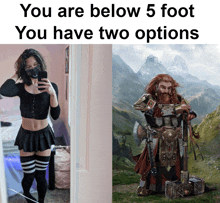 a woman taking a picture of herself next to a picture of a dwarf