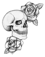 a black and white drawing of a skull with two roses