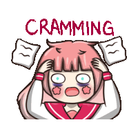 a cartoon of a girl holding her head with the word cramming written above her