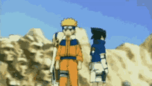 naruto and sasuke are standing next to each other in a desert .