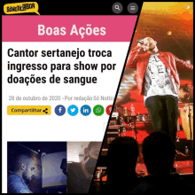 a news article about cantor sertanejo troca ingresso para show por doações de sangue is displayed