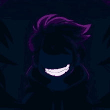 a silhouette of a person with purple hair and a big smile on their face .