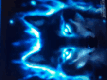 a painting of a wolf with blue flames around its eyes