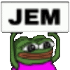 a frog is holding up a sign that says jem .