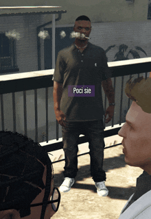 a man smoking a cigarette in a video game with a purple sticker that says " poci sie "