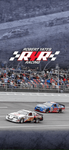 a robert yates racing poster with three race cars on a track