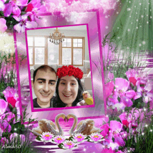 a picture of a man and a woman in a pink frame with alma50 written on it