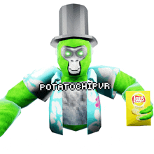 a green gorilla wearing a top hat and holding a bag of lays chips