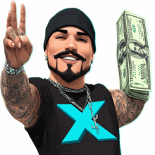 a man in a black shirt with a blue x on it holds a stack of 100 dollar bills