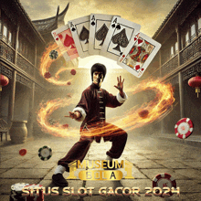 a poster for situs slot gacor shows a man holding playing cards in the air