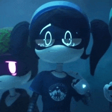 a cartoon character wearing a mask and a t-shirt is standing in the dark .