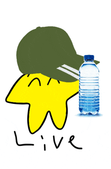 a drawing of a star wearing a hat next to a bottle of water with the word live written below it