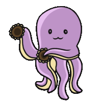 a cartoon drawing of a purple octopus holding a flower