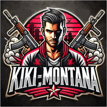 a man is holding two guns in a logo for kiki-montana