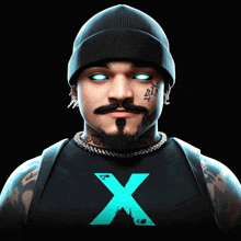 a man wearing a beanie and a black shirt with a blue x on it