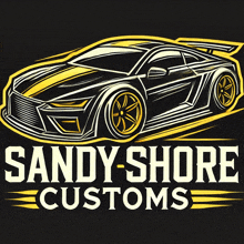 a logo for sandy shore customs with a sports car on it