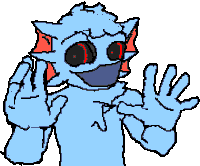 a pixel art drawing of a blue monster with red eyes making a stop sign