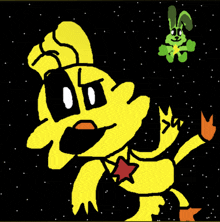 a drawing of a yellow cartoon character with a green rabbit behind him