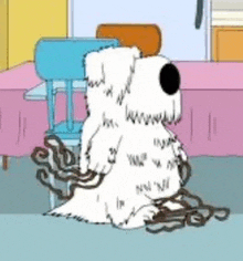 a cartoon dog is sitting on a chair with chains around it 's neck .