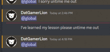 a screenshot of a chat between dat gamer lion and global