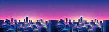 a cityscape with lots of buildings and a purple sky