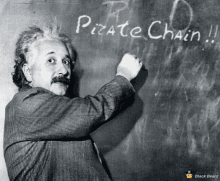 a black and white photo of albert einstein writing on a black board