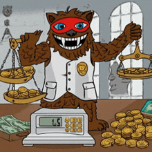 a cartoon illustration of a werewolf holding scales of gold coins and a digital scale that says 1.5 on it