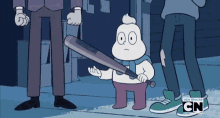 a cartoon character holding a baseball bat with the cn logo on the bottom