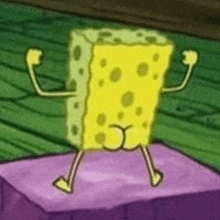 a spongebob squarepants cartoon character with arms and legs is standing on a purple surface .