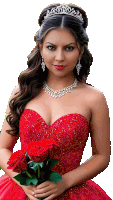 a woman in a red dress and tiara is holding roses