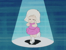 a little girl in a pink dress and white hair is standing in a spotlight