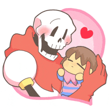 a cartoon drawing of papyrus and frisk with a pink heart in the background