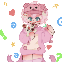 a drawing of a girl wearing a pink bear hat and holding a rabbit