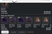 a screenshot of dominus infernus showing items you will receive and total value